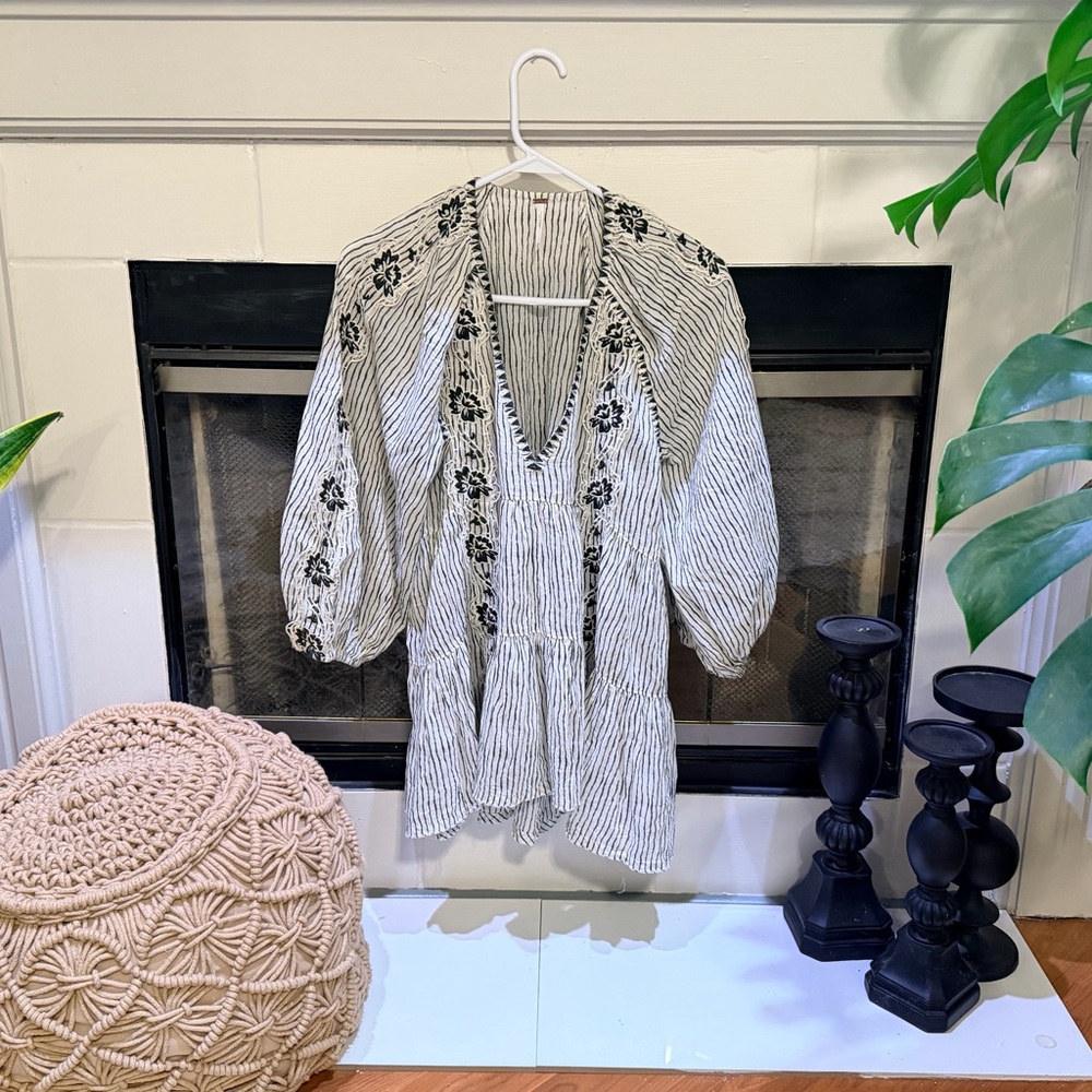 Free People Striped Blouse with Floral Embroidery